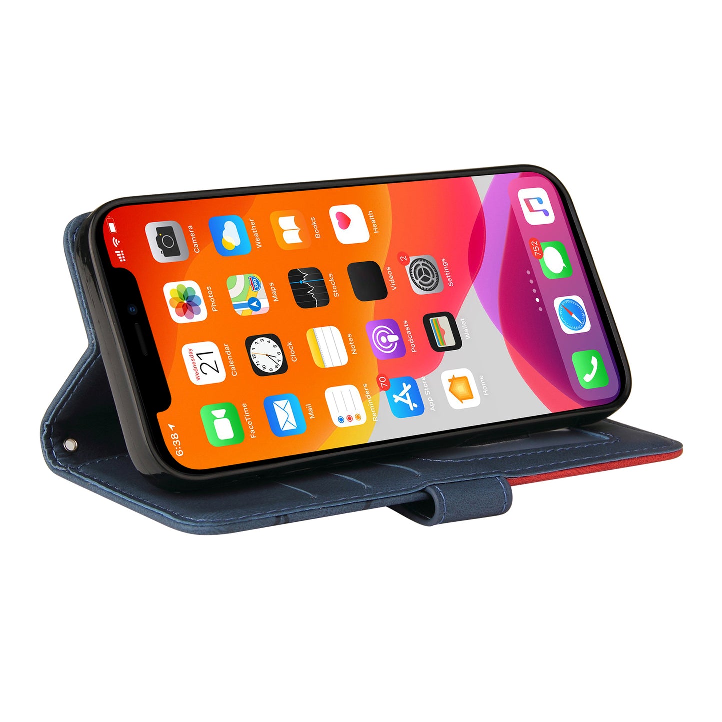 KT Leather Series-1 Bi-color Splicing Stand Wallet Design PU Leather Phone Case Cover with Strap for iPhone 13 Pro Max 6.7 inch