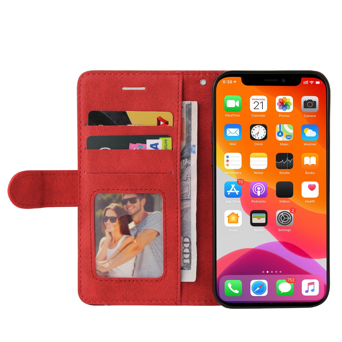 KT Leather Series-1 Bi-color Splicing Stand Wallet Design PU Leather Phone Case Cover with Strap for iPhone 13 Pro Max 6.7 inch