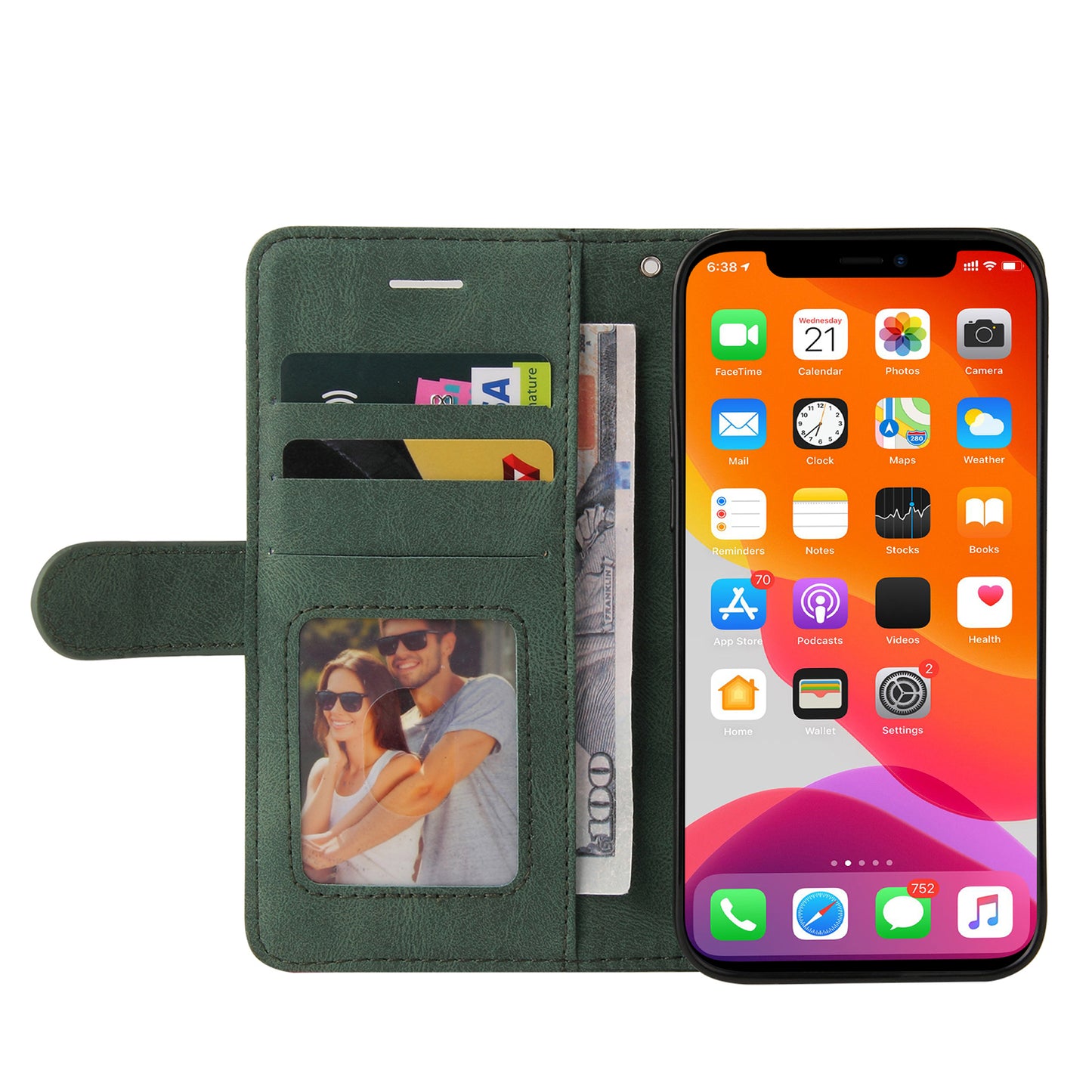 KT Leather Series-1 Bi-color Splicing Stand Wallet Design PU Leather Phone Case Cover with Strap for iPhone 13 Pro Max 6.7 inch
