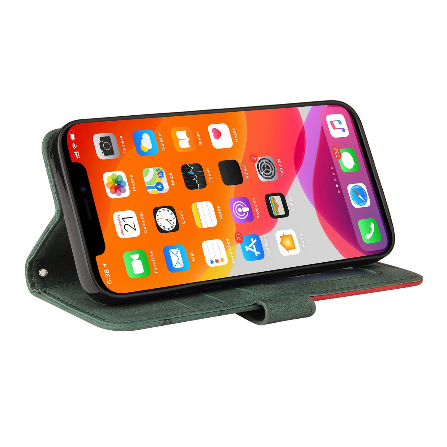 KT Leather Series-1 Bi-color Splicing Stand Wallet Design PU Leather Phone Case Cover with Strap for iPhone 13 Pro Max 6.7 inch