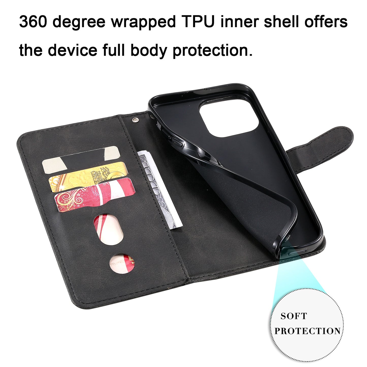 Anti-fall Zipper Pocket Leather Wallet Phone Case Shell for iPhone 13 Pro Max 6.7 inch