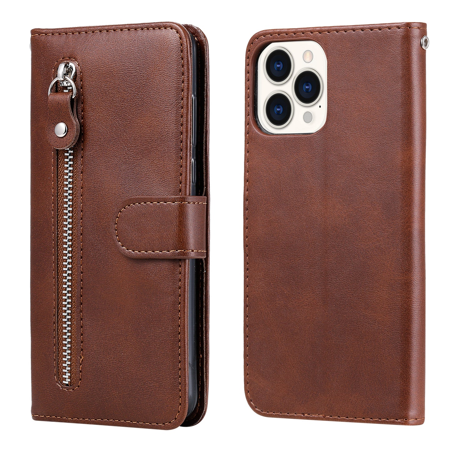 Anti-fall Zipper Pocket Leather Wallet Phone Case Shell for iPhone 13 Pro Max 6.7 inch