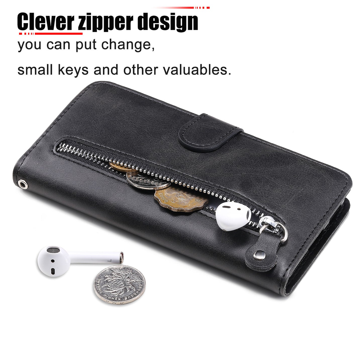 Scratch-proof Cover Zipper Pocket Leather Wallet Shell for iPhone 13 Pro 6.1 inch