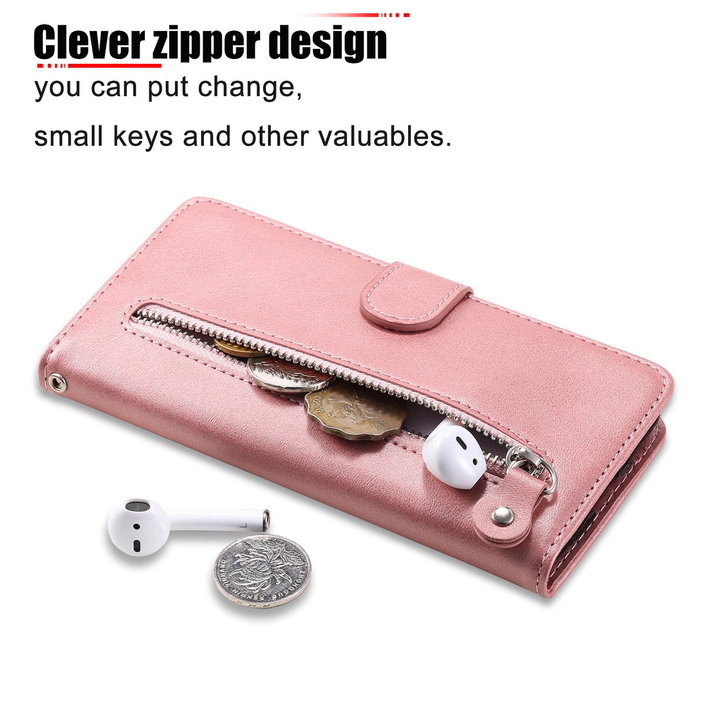 Scratch-proof Cover Zipper Pocket Leather Wallet Shell for iPhone 13 Pro 6.1 inch