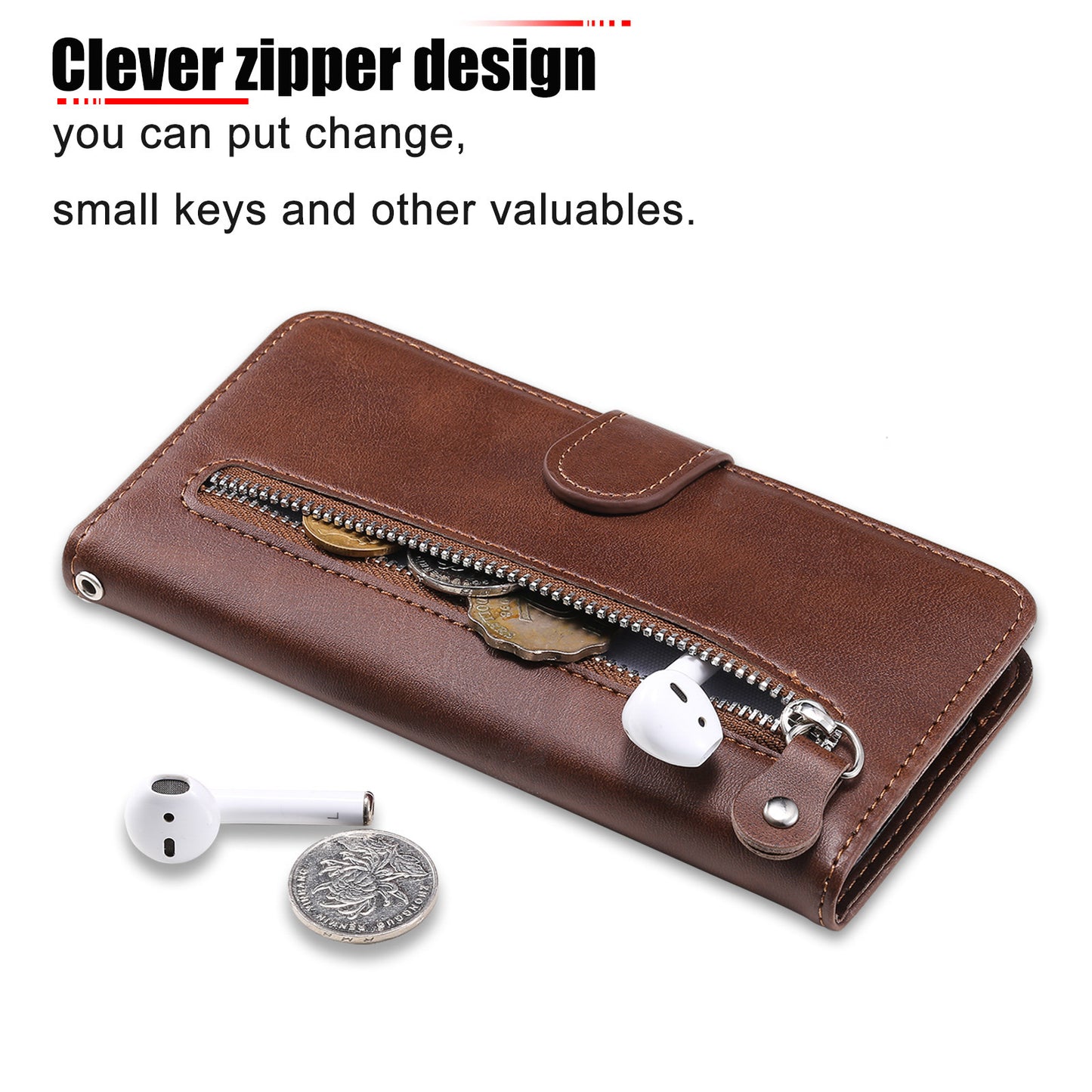 Scratch-proof Cover Zipper Pocket Leather Wallet Shell for iPhone 13 Pro 6.1 inch