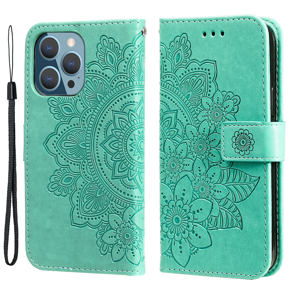 Adjustable Stand Design Flower Imprinting Wallet Leather Phone Protector Case with Strap for iPhone 13 Pro 6.1 inch