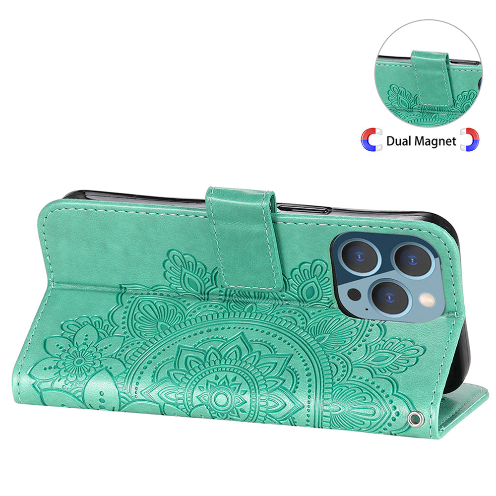 Adjustable Stand Design Flower Imprinting Wallet Leather Phone Protector Case with Strap for iPhone 13 Pro 6.1 inch