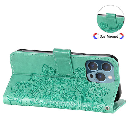 Adjustable Stand Design Flower Imprinting Wallet Leather Phone Protector Case with Strap for iPhone 13 Pro 6.1 inch