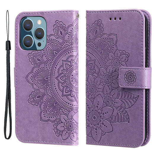 Adjustable Stand Design Flower Imprinting Wallet Leather Phone Protector Case with Strap for iPhone 13 Pro 6.1 inch
