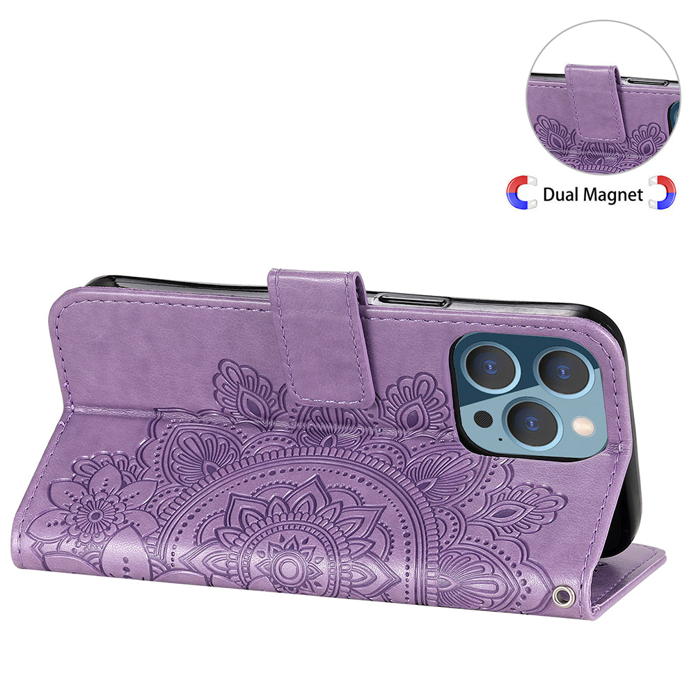 Adjustable Stand Design Flower Imprinting Wallet Leather Phone Protector Case with Strap for iPhone 13 Pro 6.1 inch