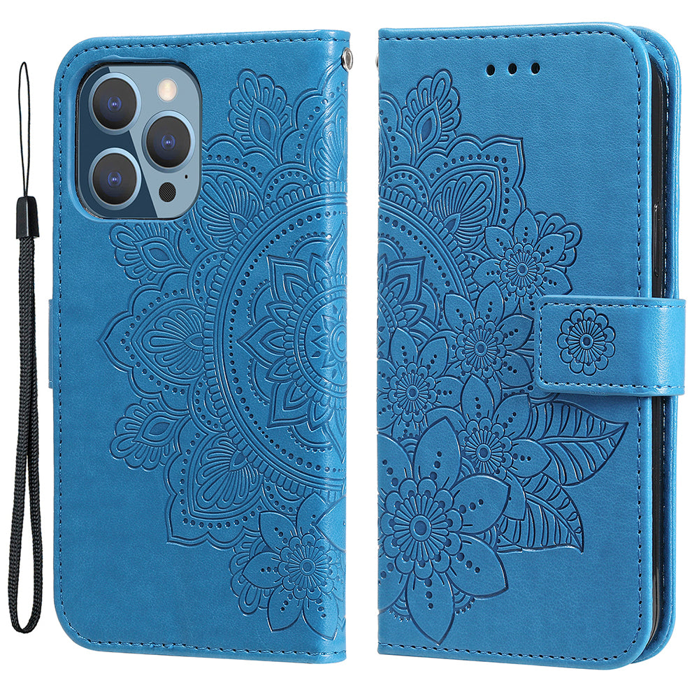Adjustable Stand Design Flower Imprinting Wallet Leather Phone Protector Case with Strap for iPhone 13 Pro 6.1 inch