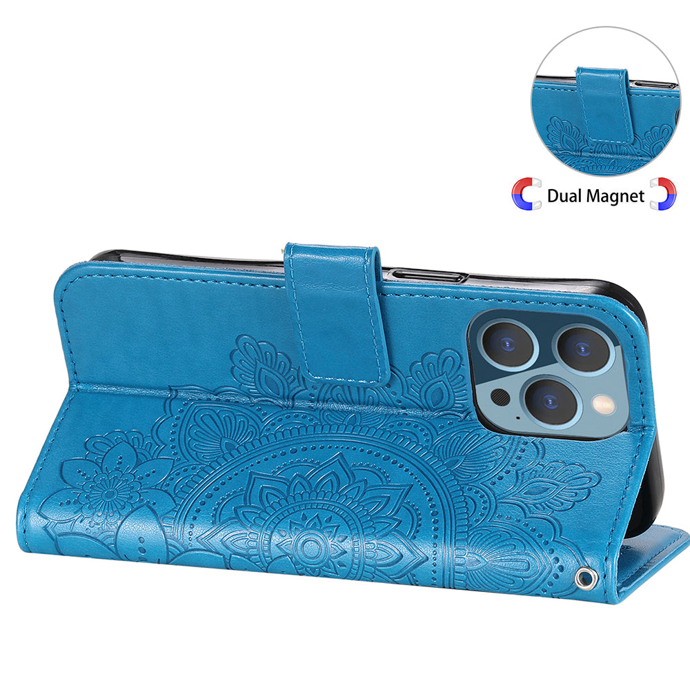 Adjustable Stand Design Flower Imprinting Wallet Leather Phone Protector Case with Strap for iPhone 13 Pro 6.1 inch