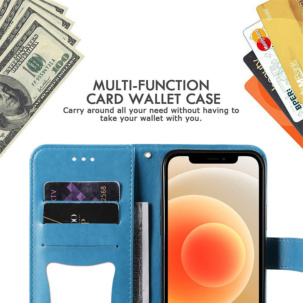 Adjustable Stand Design Flower Imprinting Wallet Leather Phone Protector Case with Strap for iPhone 13 Pro 6.1 inch