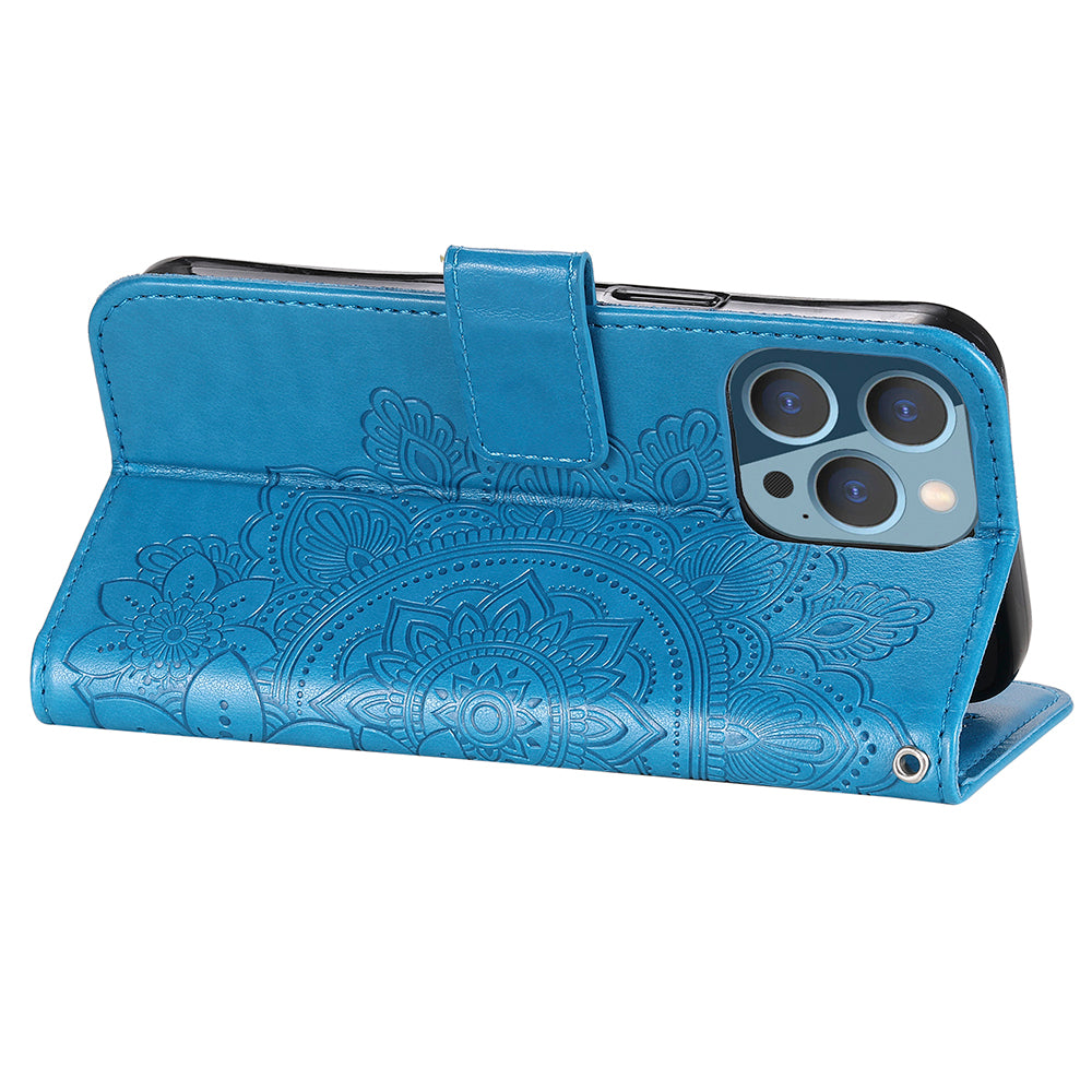 Adjustable Stand Design Flower Imprinting Wallet Leather Phone Protector Case with Strap for iPhone 13 Pro 6.1 inch