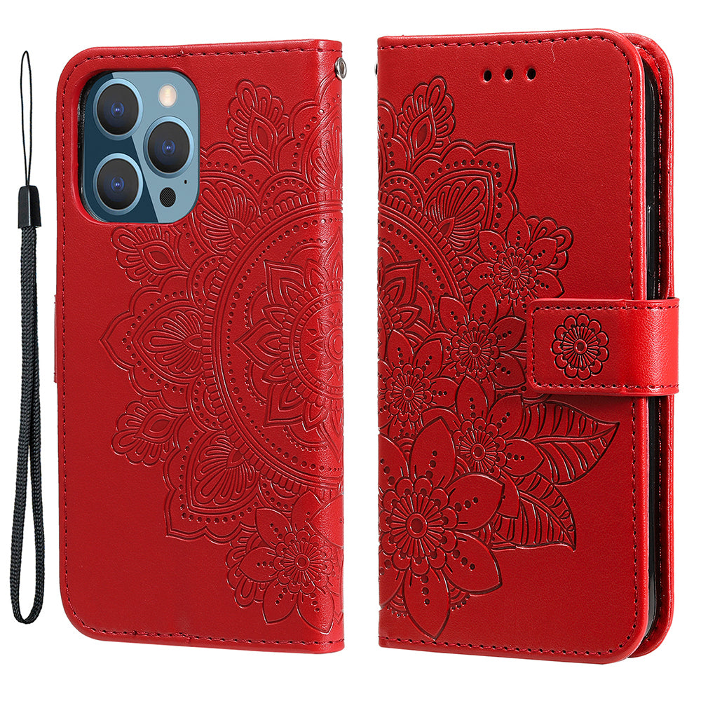 Adjustable Stand Design Flower Imprinting Wallet Leather Phone Protector Case with Strap for iPhone 13 Pro 6.1 inch