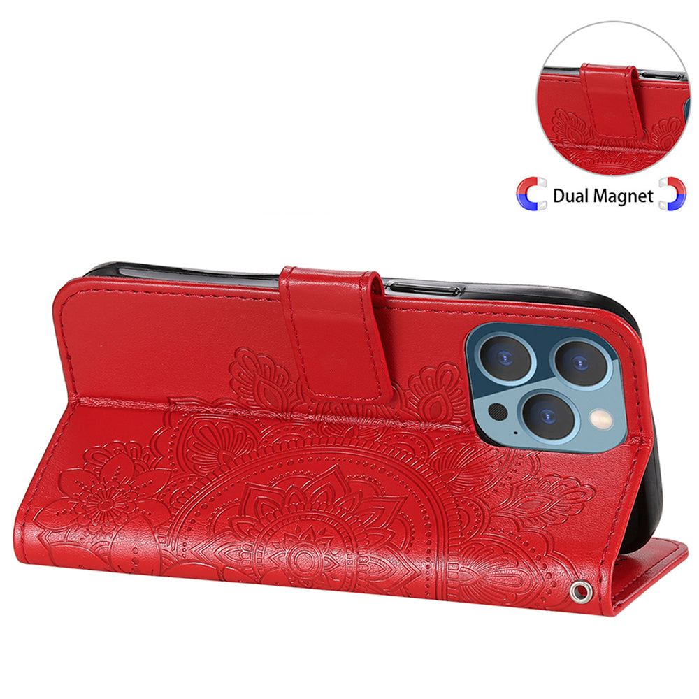 Adjustable Stand Design Flower Imprinting Wallet Leather Phone Protector Case with Strap for iPhone 13 Pro 6.1 inch