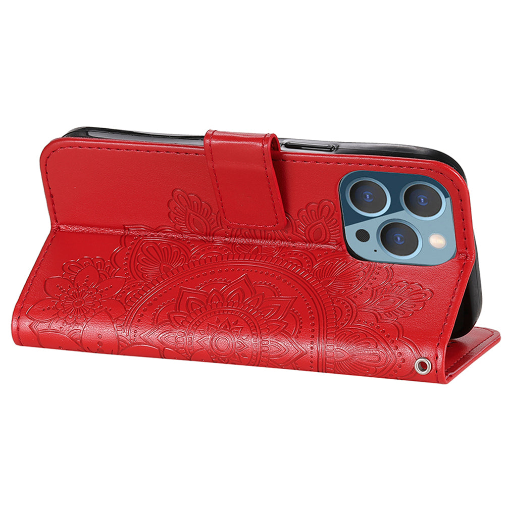 Adjustable Stand Design Flower Imprinting Wallet Leather Phone Protector Case with Strap for iPhone 13 Pro 6.1 inch