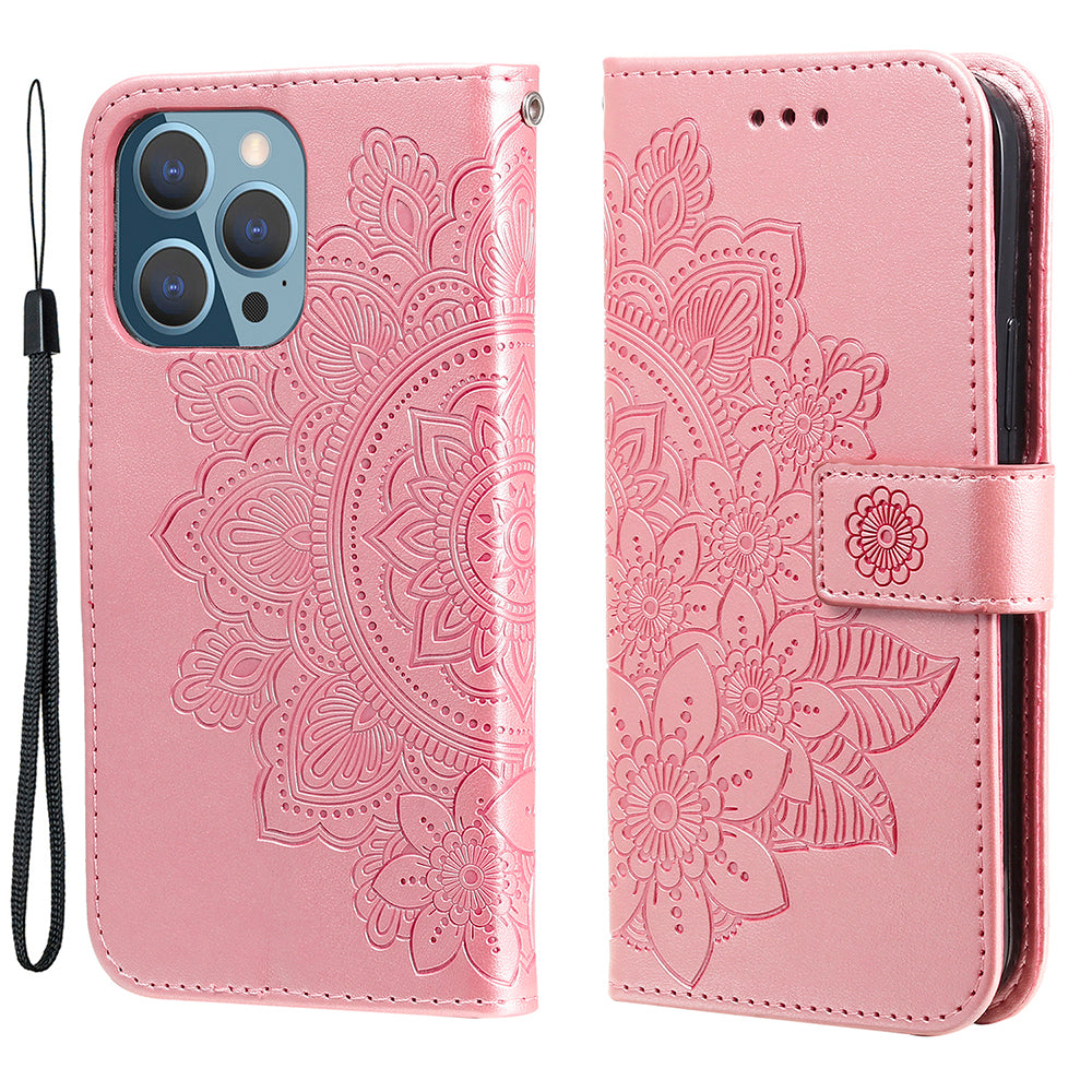 Adjustable Stand Design Flower Imprinting Wallet Leather Phone Protector Case with Strap for iPhone 13 Pro 6.1 inch