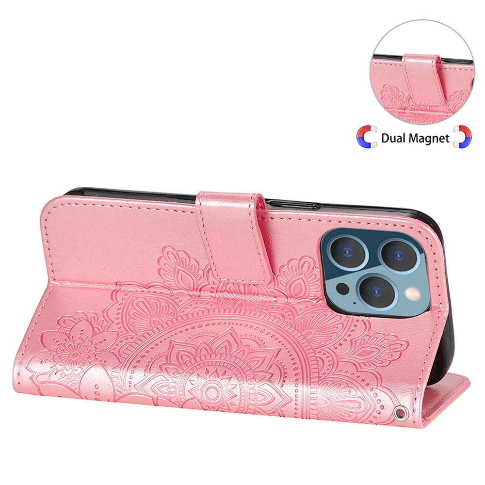 Adjustable Stand Design Flower Imprinting Wallet Leather Phone Protector Case with Strap for iPhone 13 Pro 6.1 inch