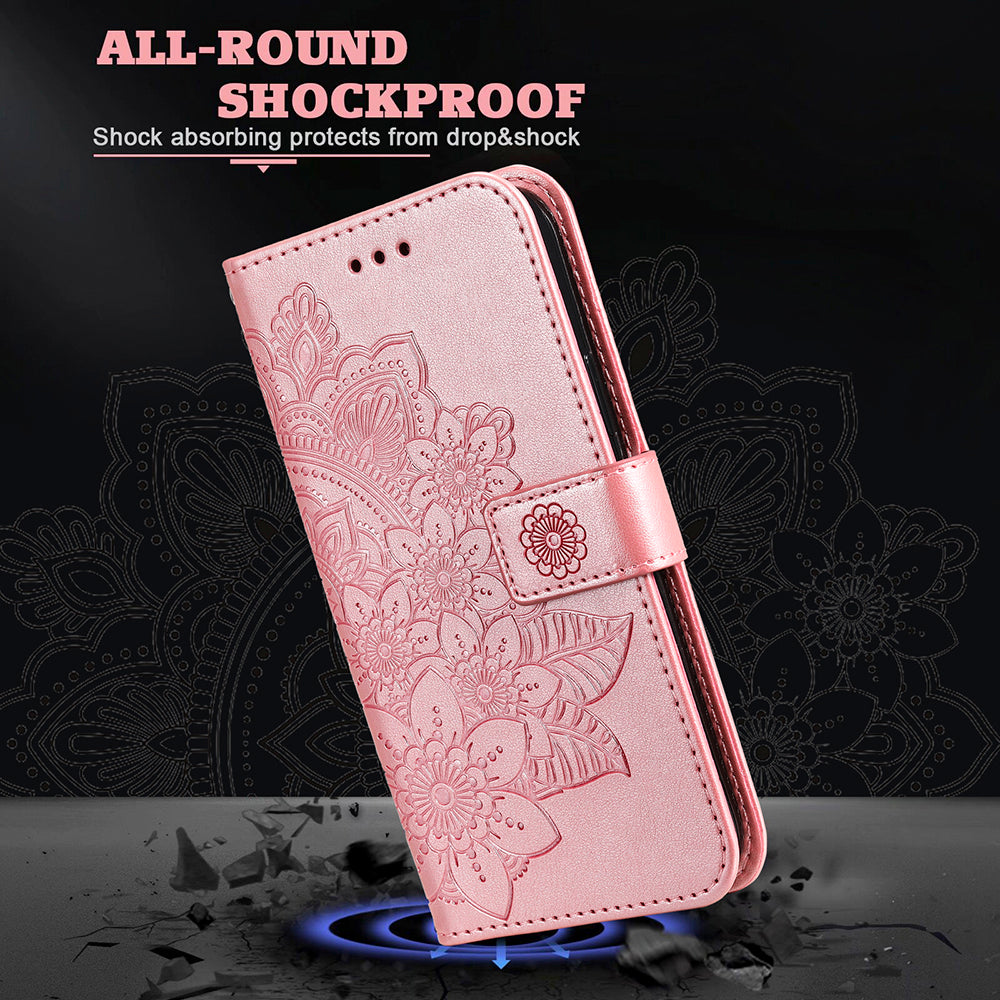 Adjustable Stand Design Flower Imprinting Wallet Leather Phone Protector Case with Strap for iPhone 13 Pro 6.1 inch