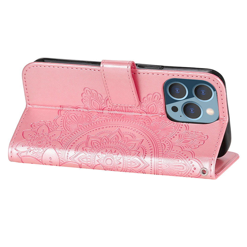 Adjustable Stand Design Flower Imprinting Wallet Leather Phone Protector Case with Strap for iPhone 13 Pro 6.1 inch
