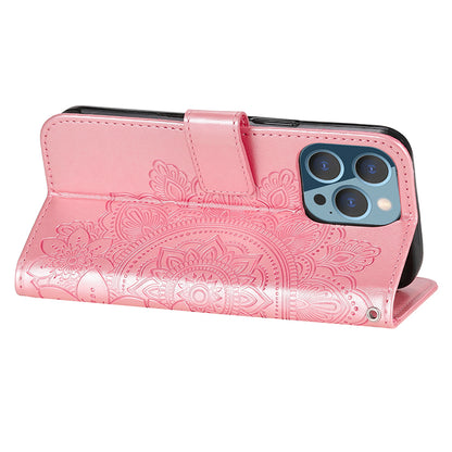 Adjustable Stand Design Flower Imprinting Wallet Leather Phone Protector Case with Strap for iPhone 13 Pro 6.1 inch