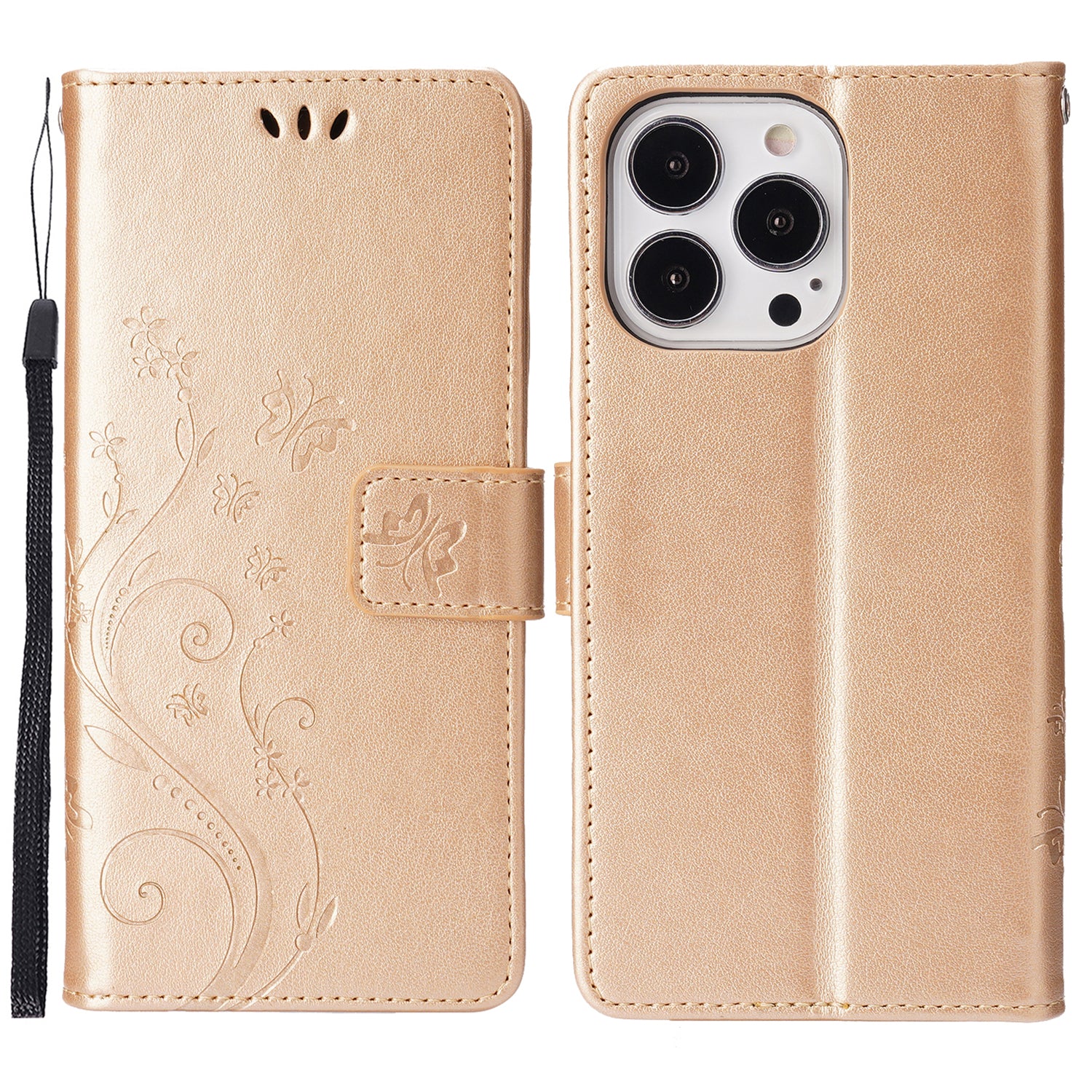 Butterflies Pattern Imprinting Leather Case Wallet Stand Cover with Wrist Strap for iPhone 13 Pro Max 6.7 inch