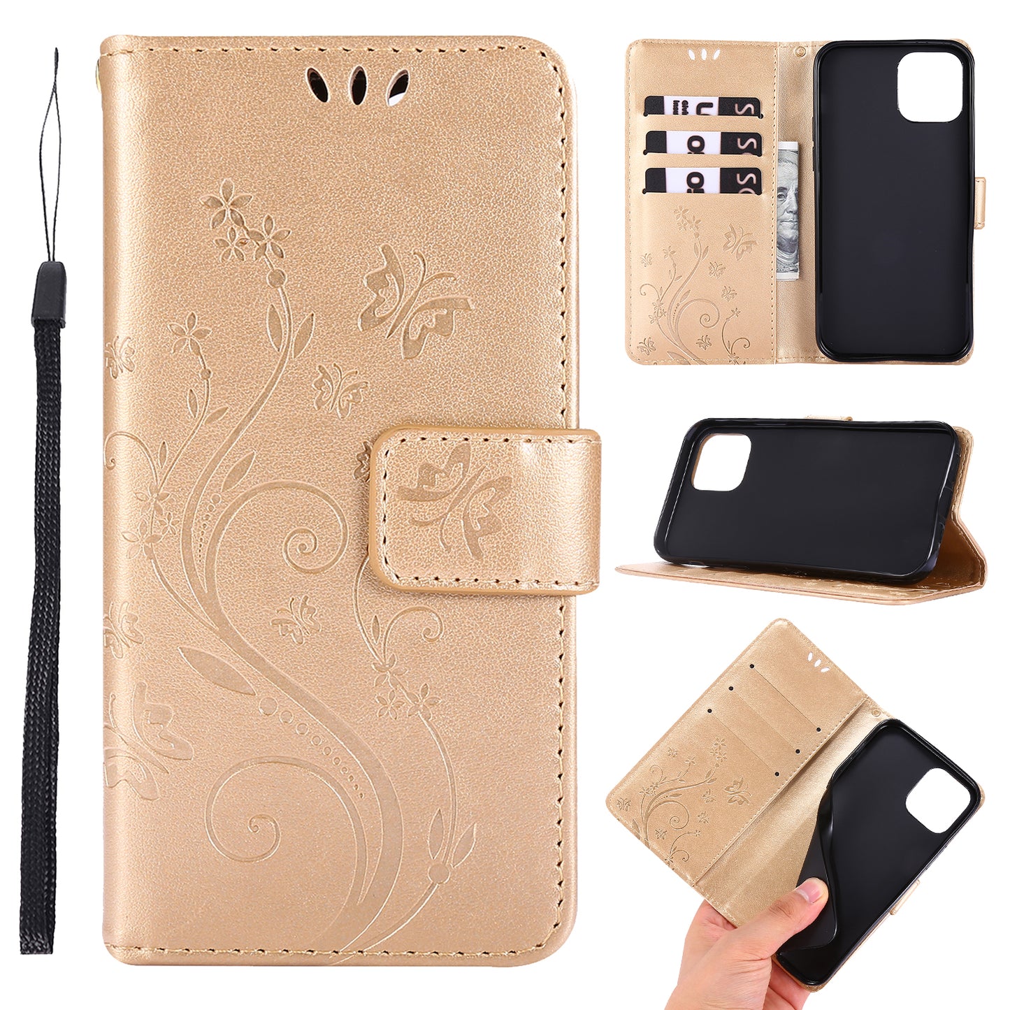 Butterflies Pattern Imprinting Leather Case Wallet Stand Cover with Wrist Strap for iPhone 13 Pro Max 6.7 inch