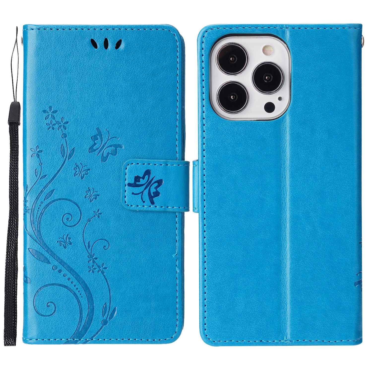Butterflies Pattern Imprinting Leather Case Wallet Stand Cover with Wrist Strap for iPhone 13 Pro Max 6.7 inch