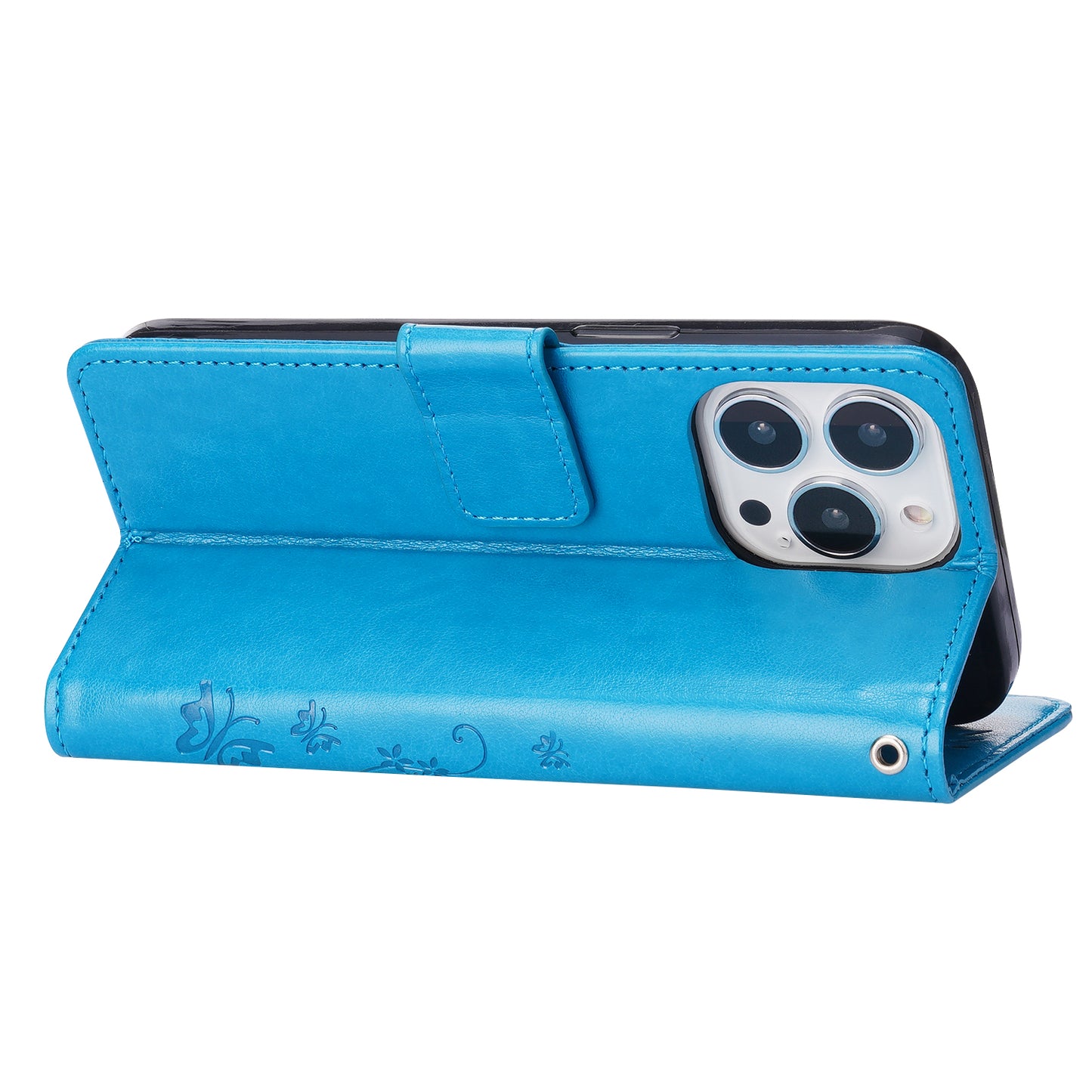 Butterflies Pattern Imprinting Leather Case Wallet Stand Cover with Wrist Strap for iPhone 13 Pro Max 6.7 inch