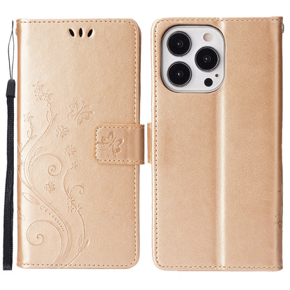 Well-protected PU Leather Butterflies Pattern Imprint Wallet Card Slots Phone Stand Case for iPhone 13 Pro 6.1 inch