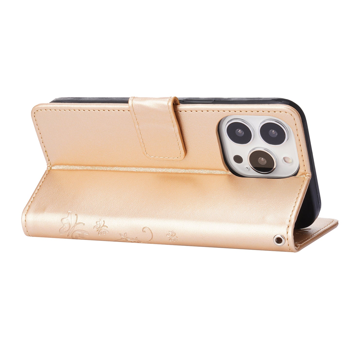 Well-protected PU Leather Butterflies Pattern Imprint Wallet Card Slots Phone Stand Case for iPhone 13 Pro 6.1 inch