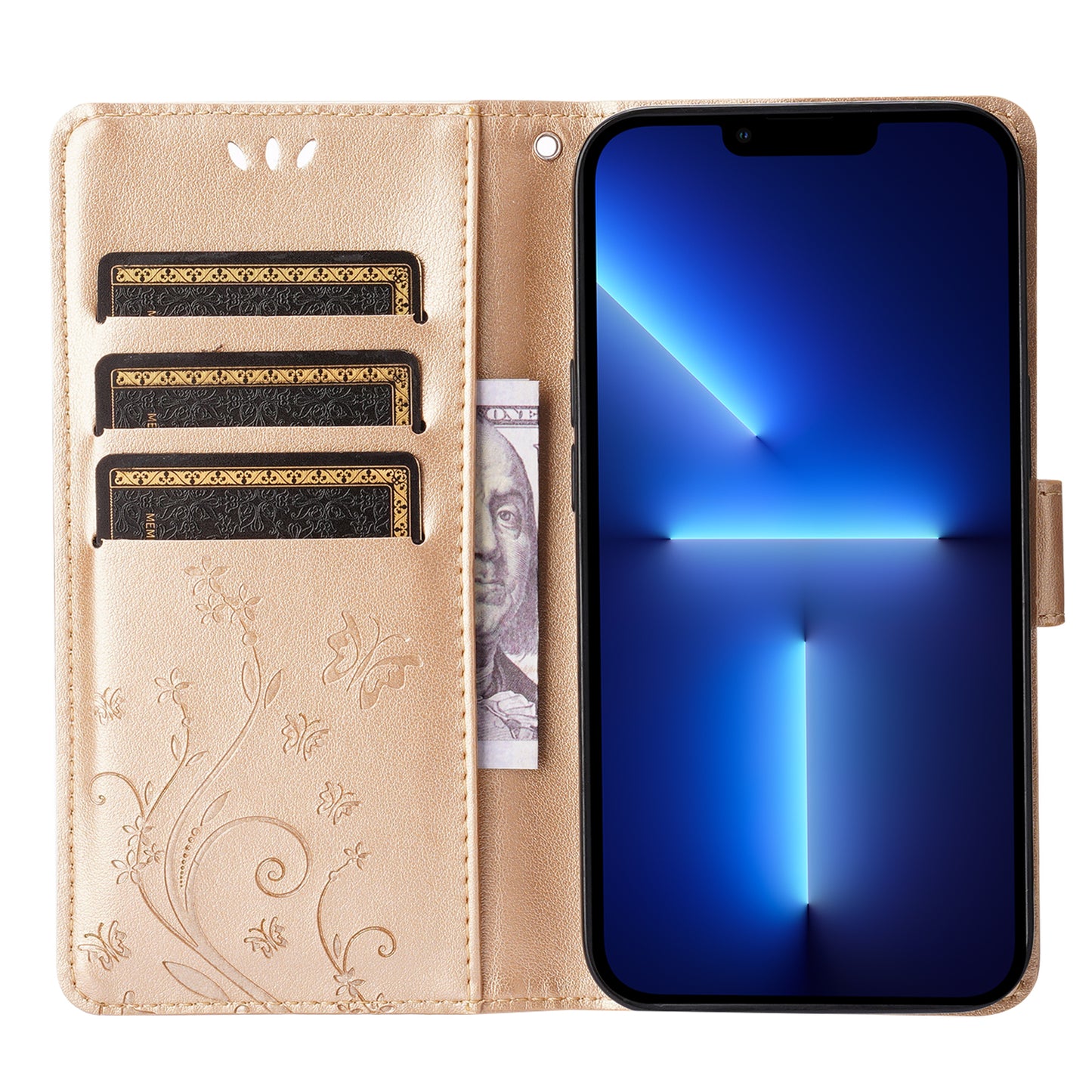 Well-protected PU Leather Butterflies Pattern Imprint Wallet Card Slots Phone Stand Case for iPhone 13 Pro 6.1 inch