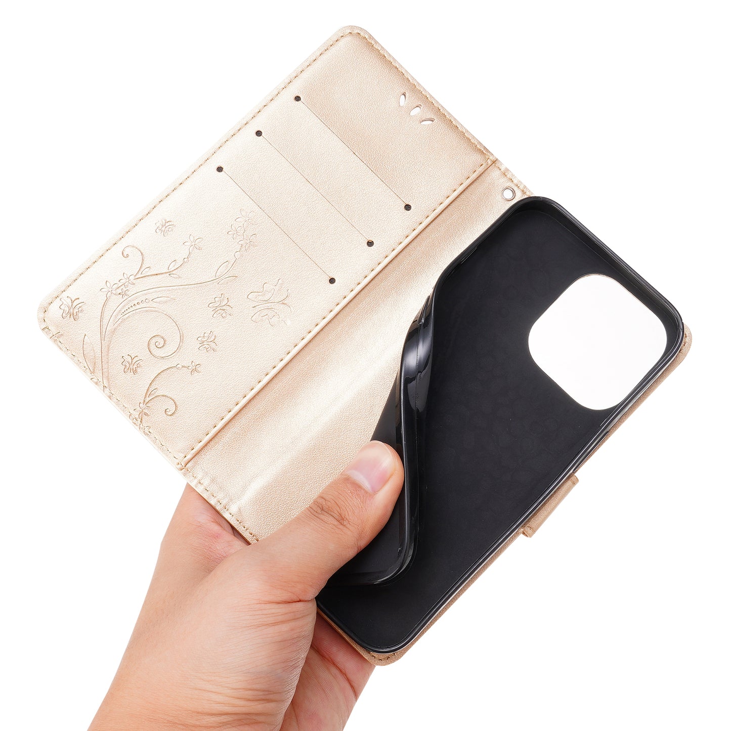 Well-protected PU Leather Butterflies Pattern Imprint Wallet Card Slots Phone Stand Case for iPhone 13 Pro 6.1 inch
