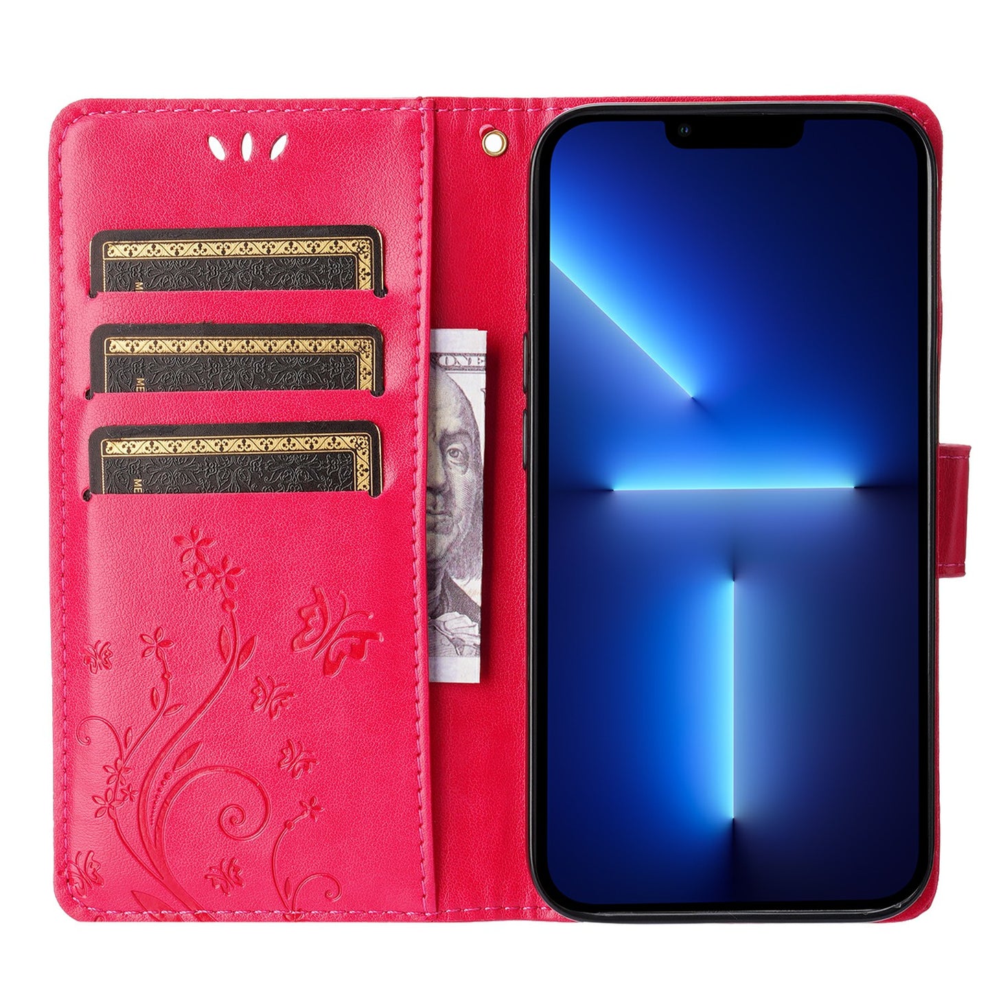 Well-protected PU Leather Butterflies Pattern Imprint Wallet Card Slots Phone Stand Case for iPhone 13 Pro 6.1 inch