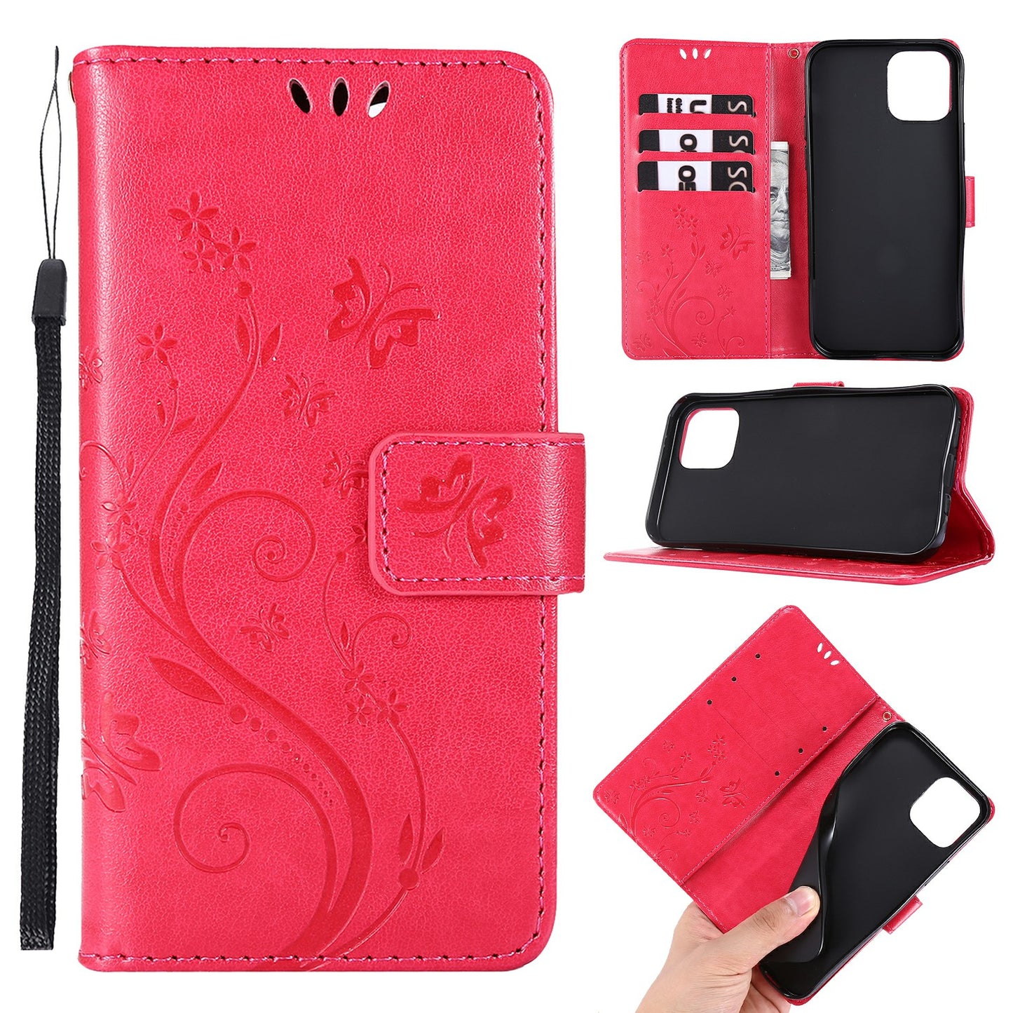 Well-protected PU Leather Butterflies Pattern Imprint Wallet Card Slots Phone Stand Case for iPhone 13 Pro 6.1 inch