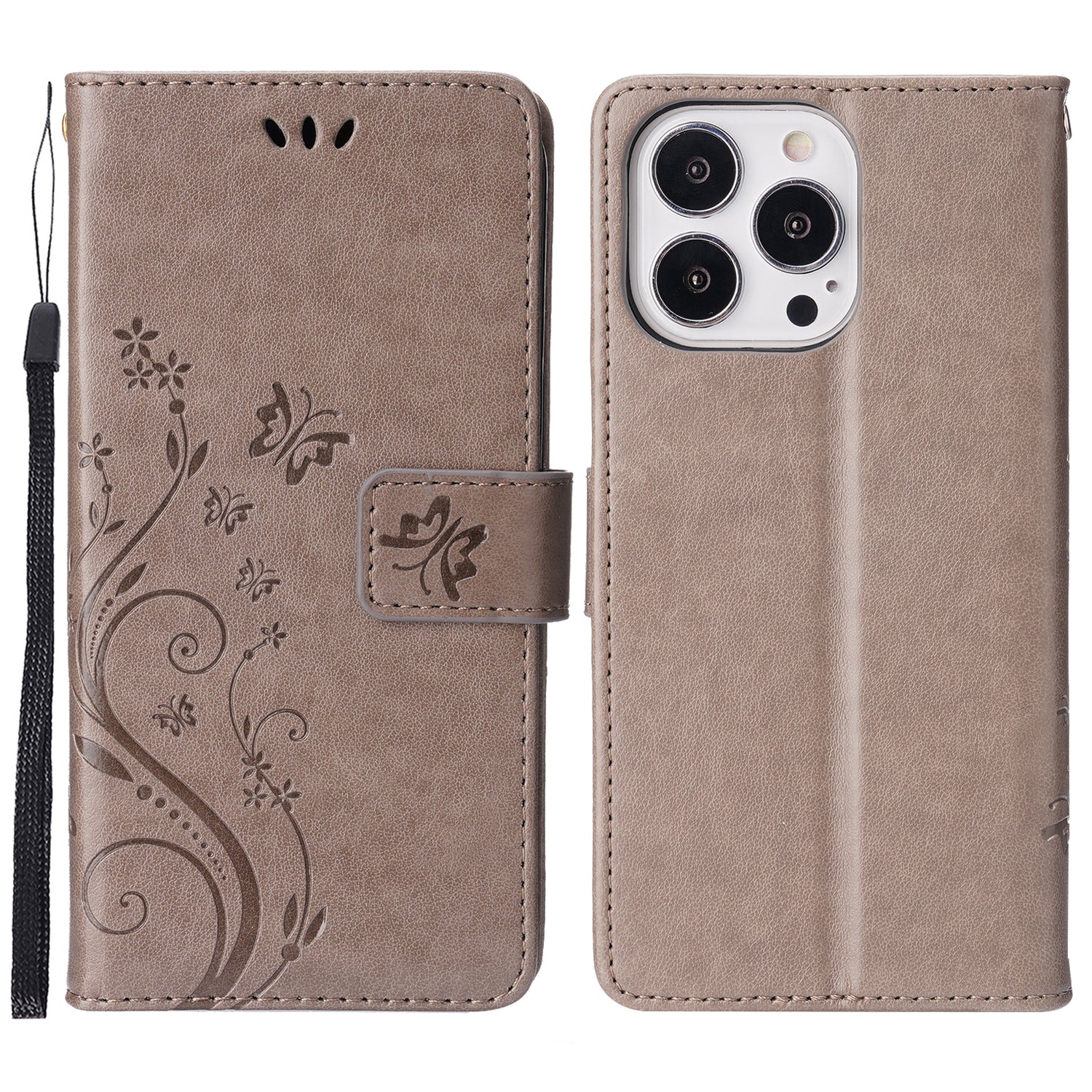 Well-protected PU Leather Butterflies Pattern Imprint Wallet Card Slots Phone Stand Case for iPhone 13 Pro 6.1 inch
