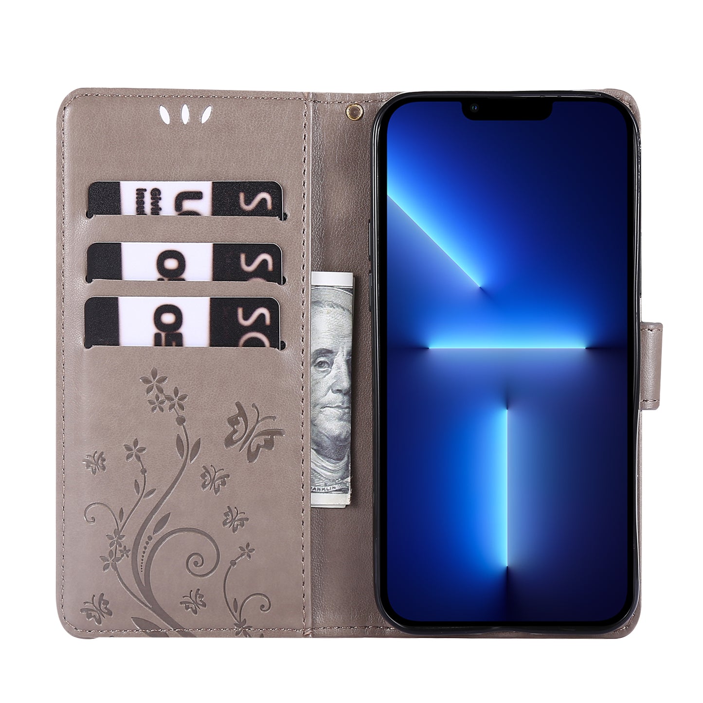 Well-protected PU Leather Butterflies Pattern Imprint Wallet Card Slots Phone Stand Case for iPhone 13 Pro 6.1 inch