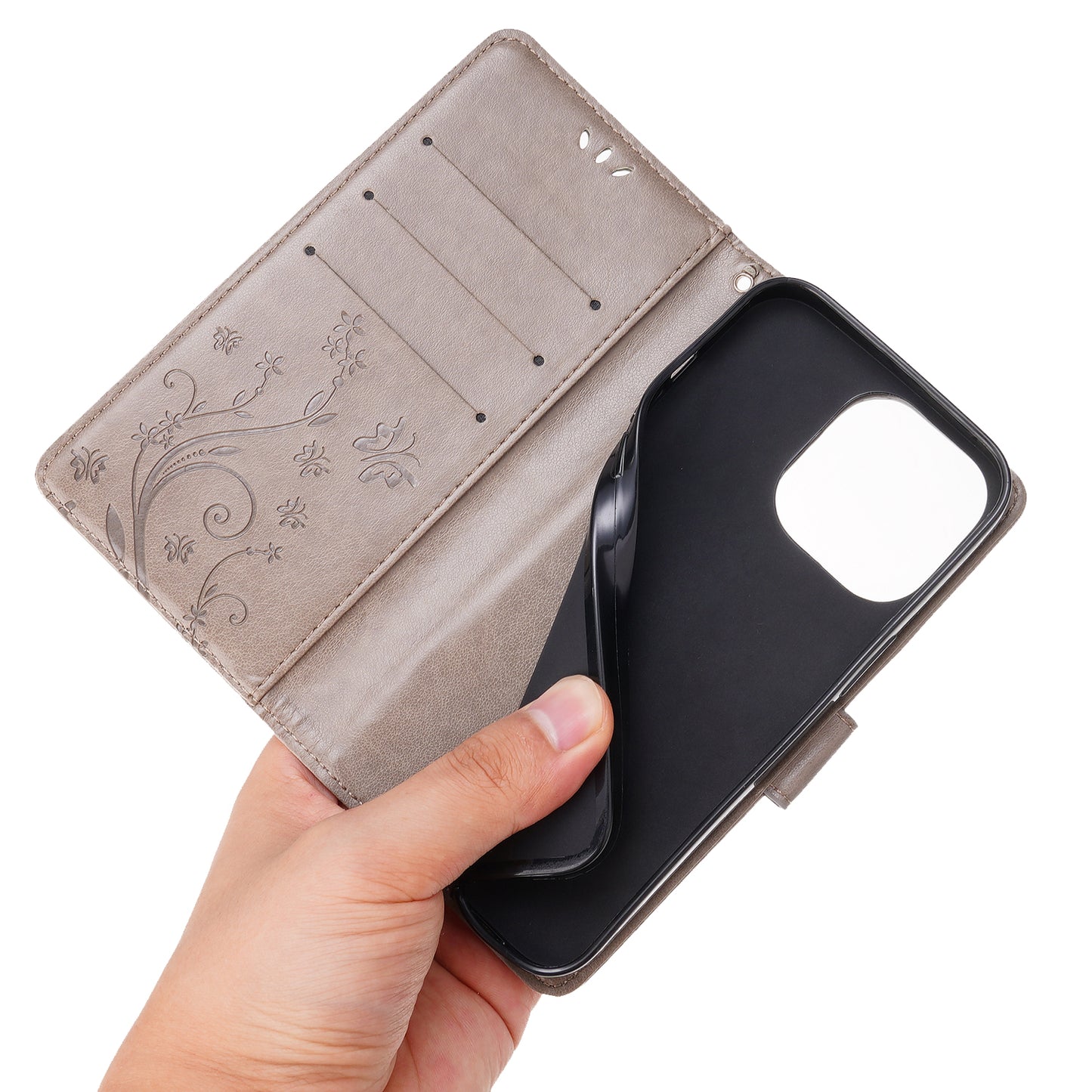 Well-protected PU Leather Butterflies Pattern Imprint Wallet Card Slots Phone Stand Case for iPhone 13 Pro 6.1 inch