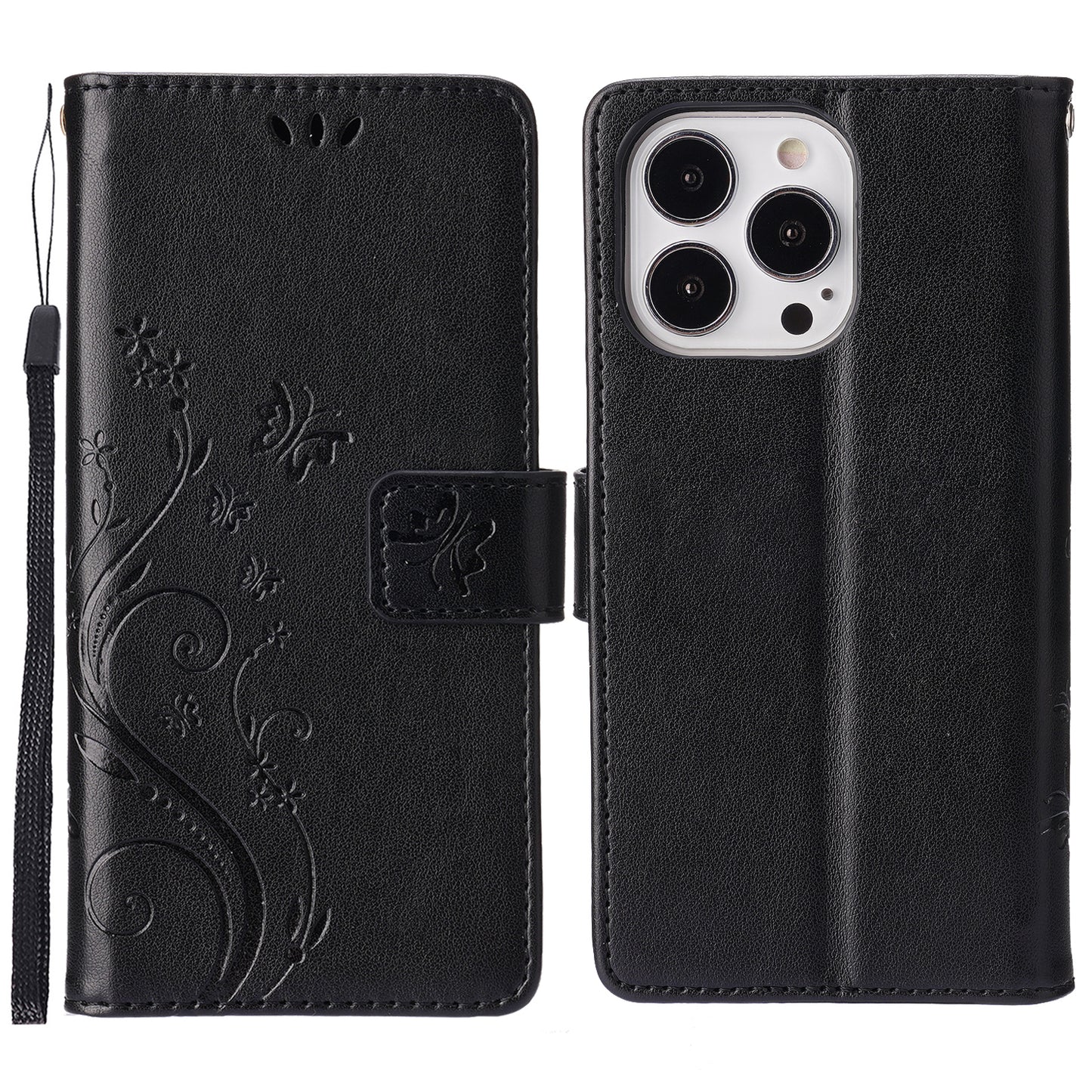Well-protected PU Leather Butterflies Pattern Imprint Wallet Card Slots Phone Stand Case for iPhone 13 Pro 6.1 inch