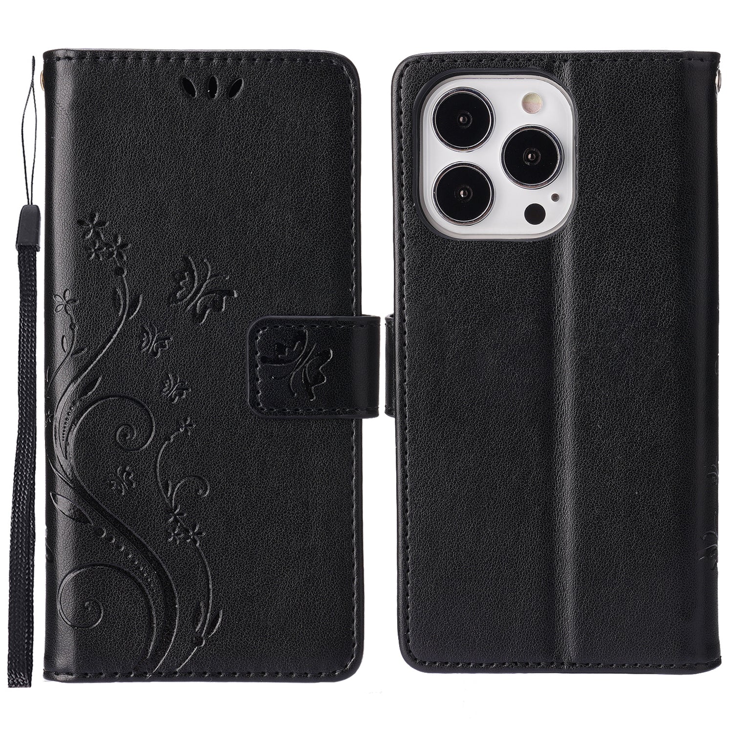 Well-protected PU Leather Butterflies Pattern Imprint Wallet Card Slots Phone Stand Case for iPhone 13 Pro 6.1 inch