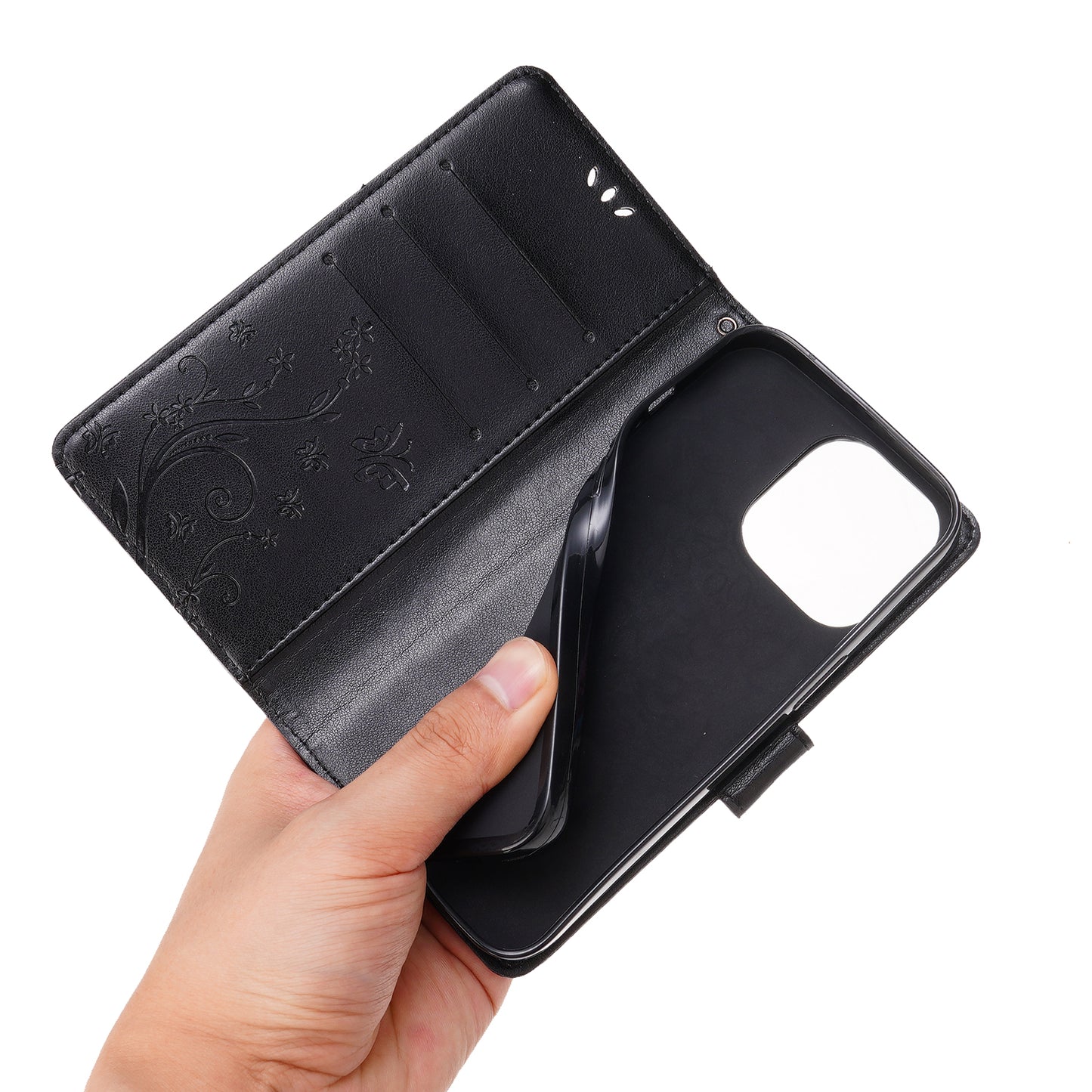 Well-protected PU Leather Butterflies Pattern Imprint Wallet Card Slots Phone Stand Case for iPhone 13 Pro 6.1 inch