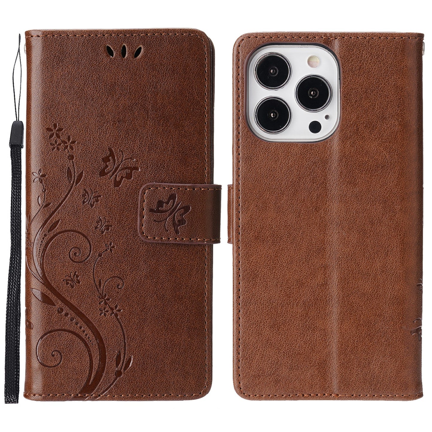 Well-protected PU Leather Butterflies Pattern Imprint Wallet Card Slots Phone Stand Case for iPhone 13 Pro 6.1 inch