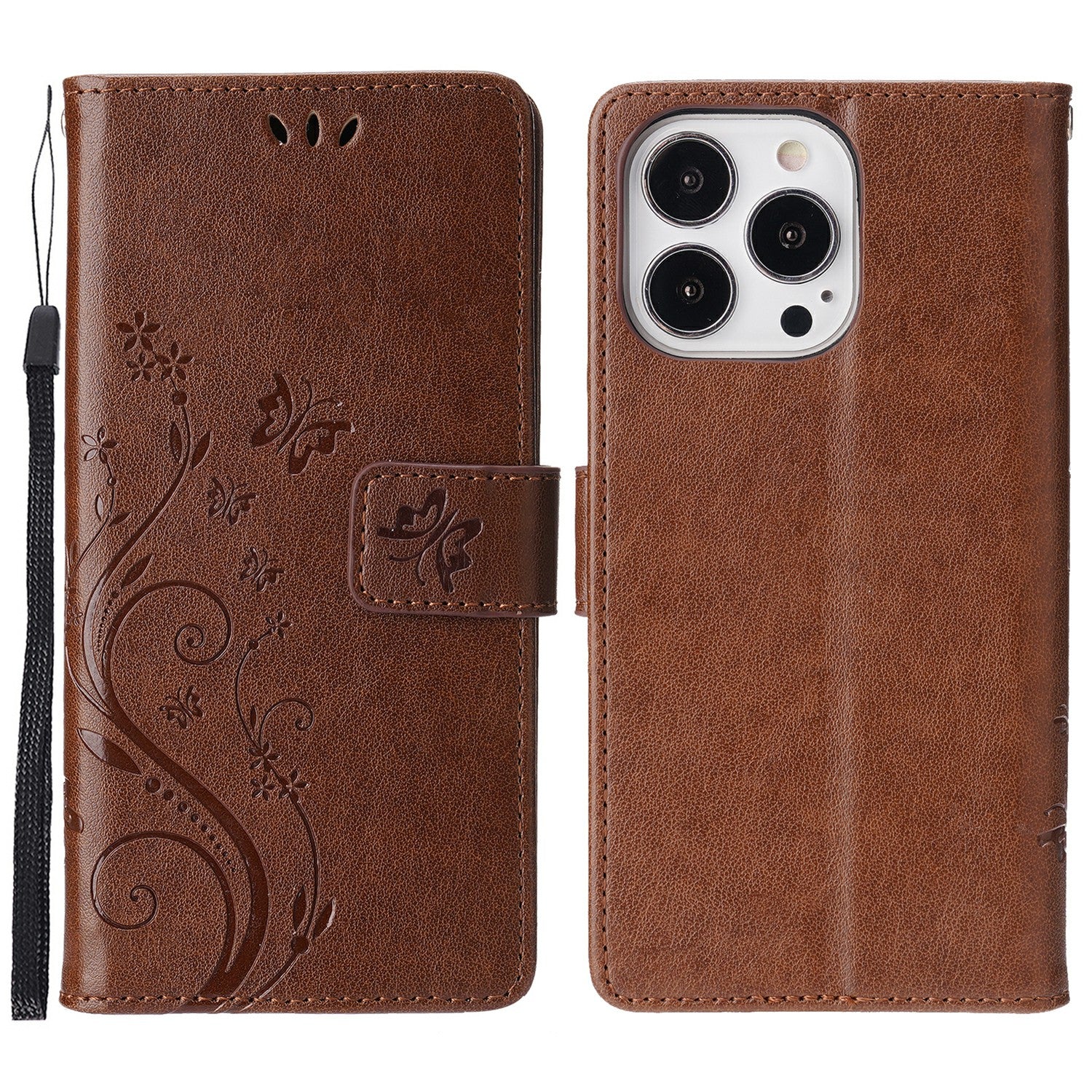 Well-protected PU Leather Butterflies Pattern Imprint Wallet Card Slots Phone Stand Case for iPhone 13 Pro 6.1 inch