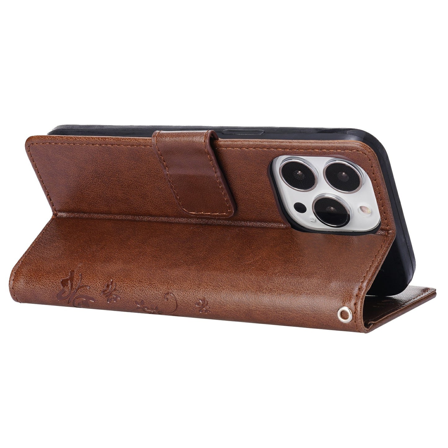 Well-protected PU Leather Butterflies Pattern Imprint Wallet Card Slots Phone Stand Case for iPhone 13 Pro 6.1 inch