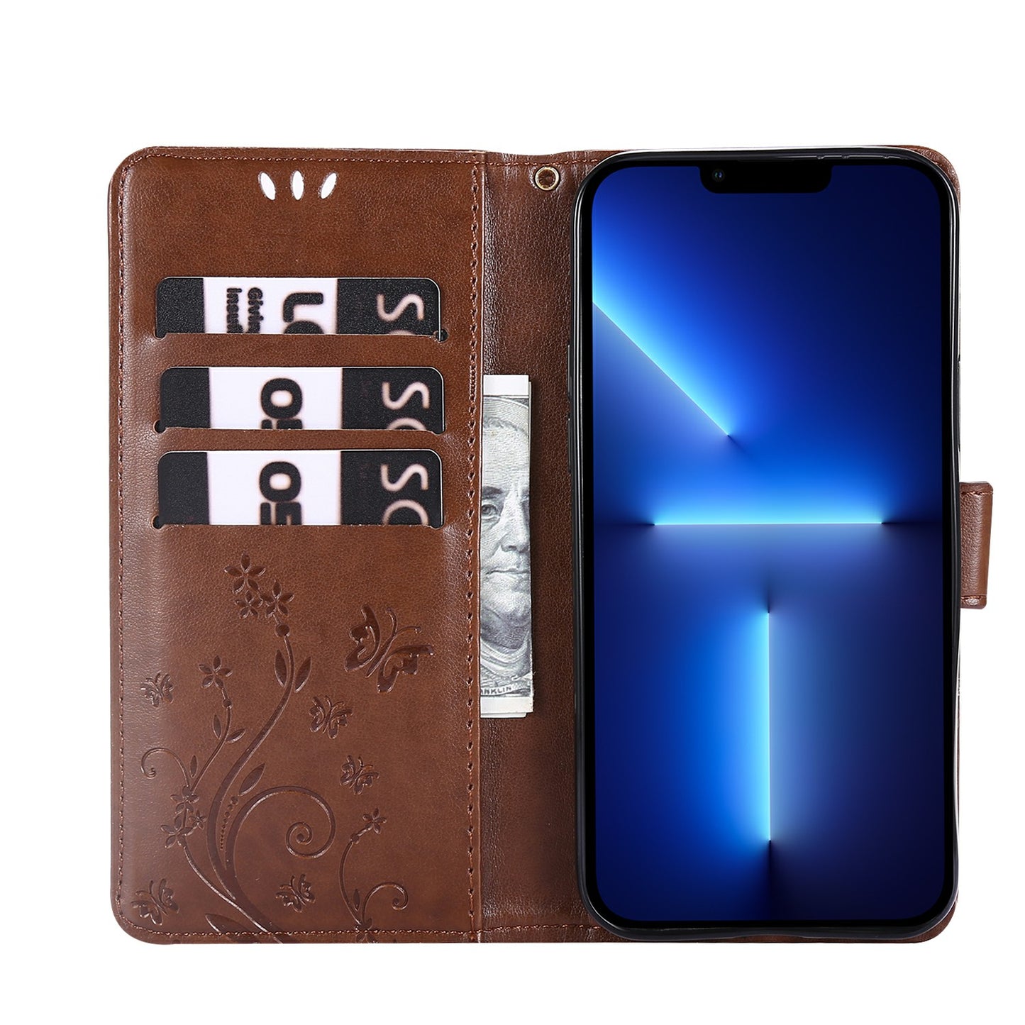 Well-protected PU Leather Butterflies Pattern Imprint Wallet Card Slots Phone Stand Case for iPhone 13 Pro 6.1 inch