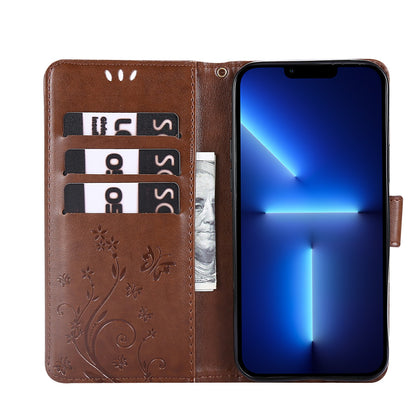 Well-protected PU Leather Butterflies Pattern Imprint Wallet Card Slots Phone Stand Case for iPhone 13 Pro 6.1 inch