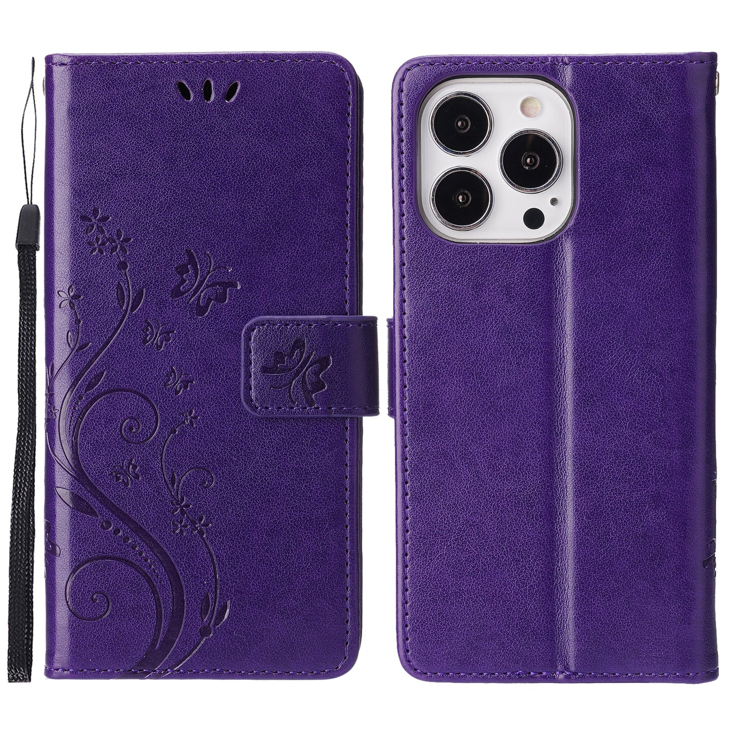 Well-protected PU Leather Butterflies Pattern Imprint Wallet Card Slots Phone Stand Case for iPhone 13 Pro 6.1 inch