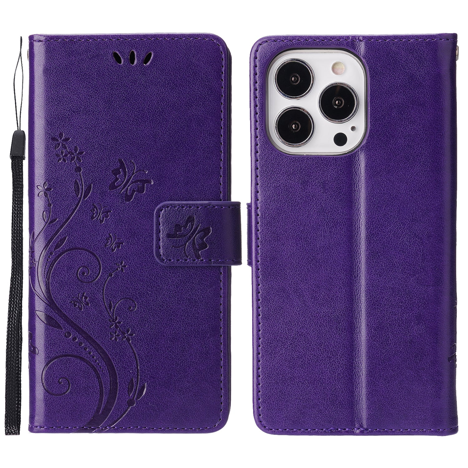 Well-protected PU Leather Butterflies Pattern Imprint Wallet Card Slots Phone Stand Case for iPhone 13 Pro 6.1 inch