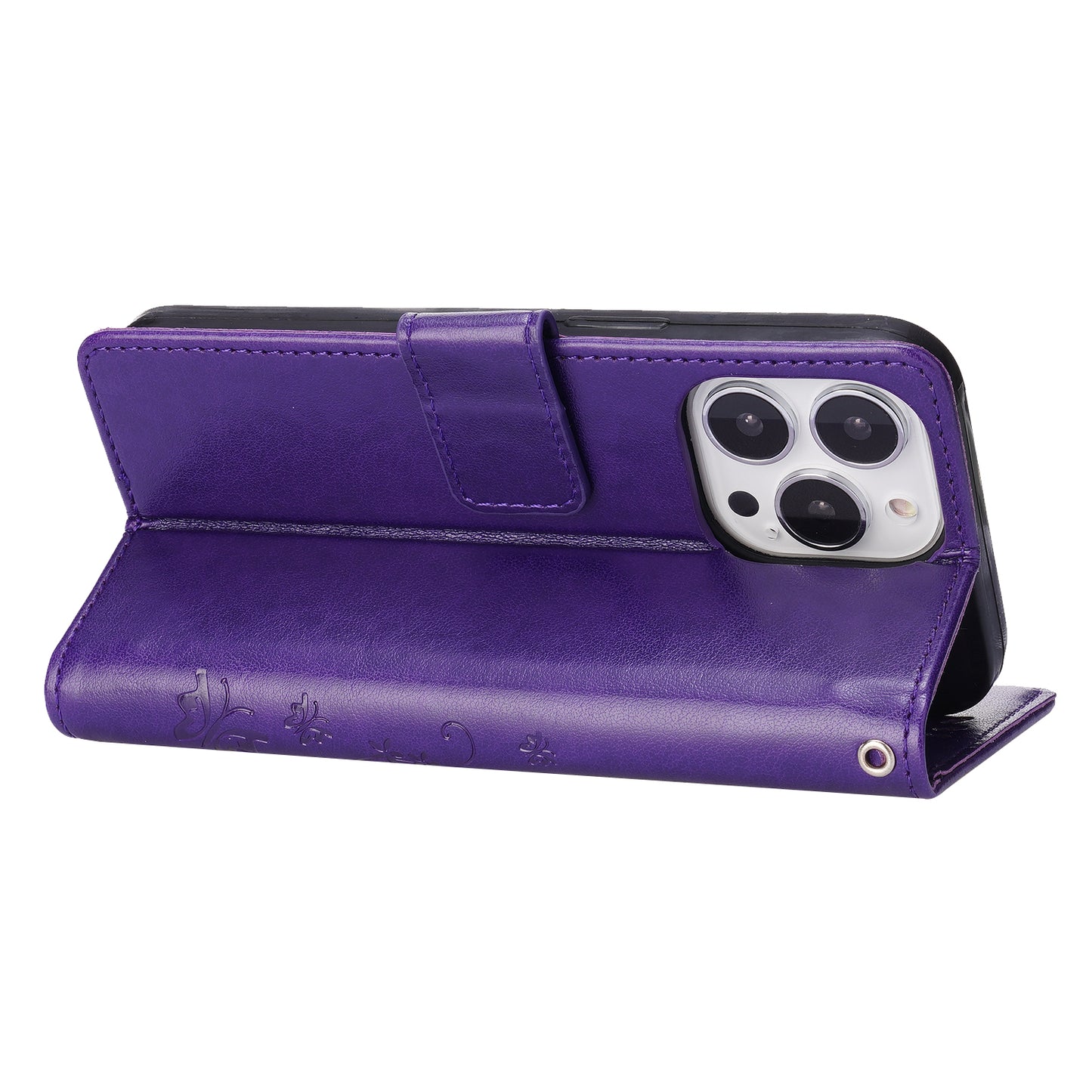 Well-protected PU Leather Butterflies Pattern Imprint Wallet Card Slots Phone Stand Case for iPhone 13 Pro 6.1 inch